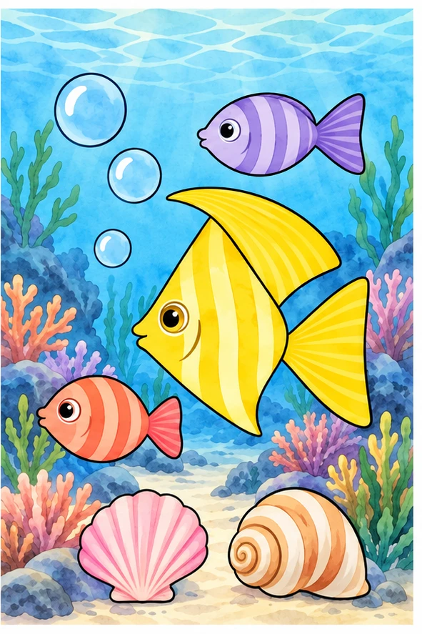 Angelfish over a reef — assembly example