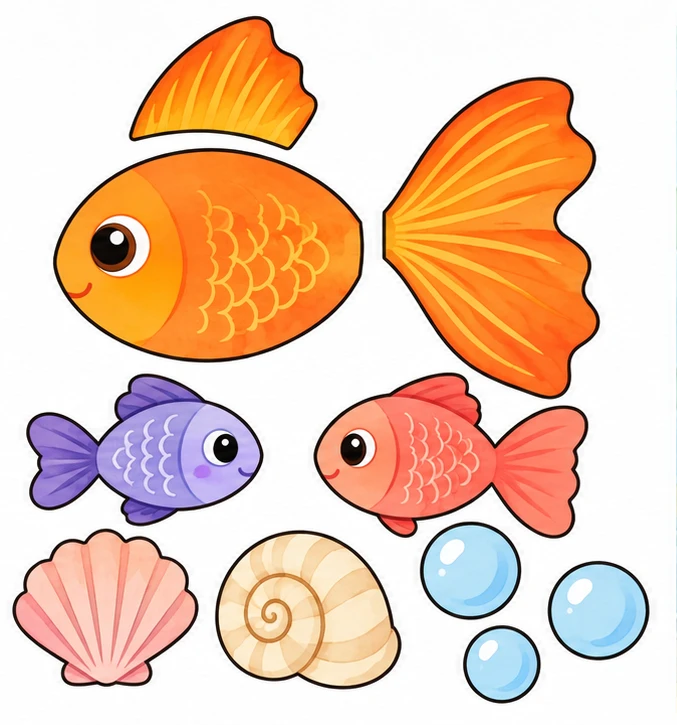 Goldfish in a pond — all pieces to cut out