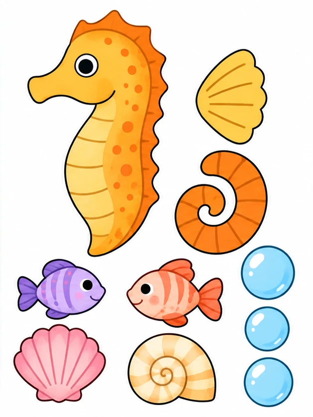 Seahorse in seagrass — all pieces to cut out