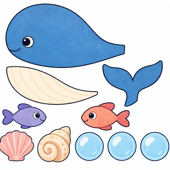 Whale under the waves — all pieces to cut out