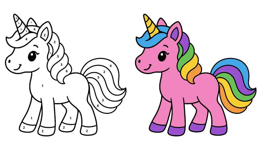 The same unicorn: numbered regions on the left, matching colored answer on the right
