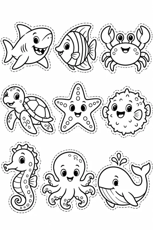 Sea characters to color — nine different whole figures with dashed cutting outlines