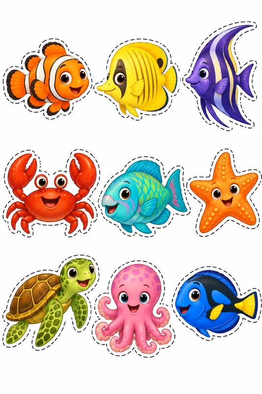 Colorful reef friends — nine different whole figures with dashed cutting outlines