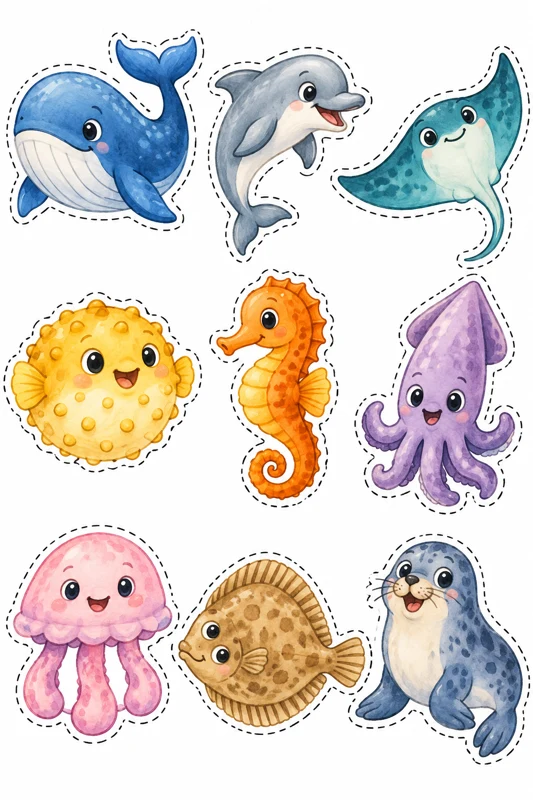 Watercolor sea voyagers — nine different whole figures with dashed cutting outlines