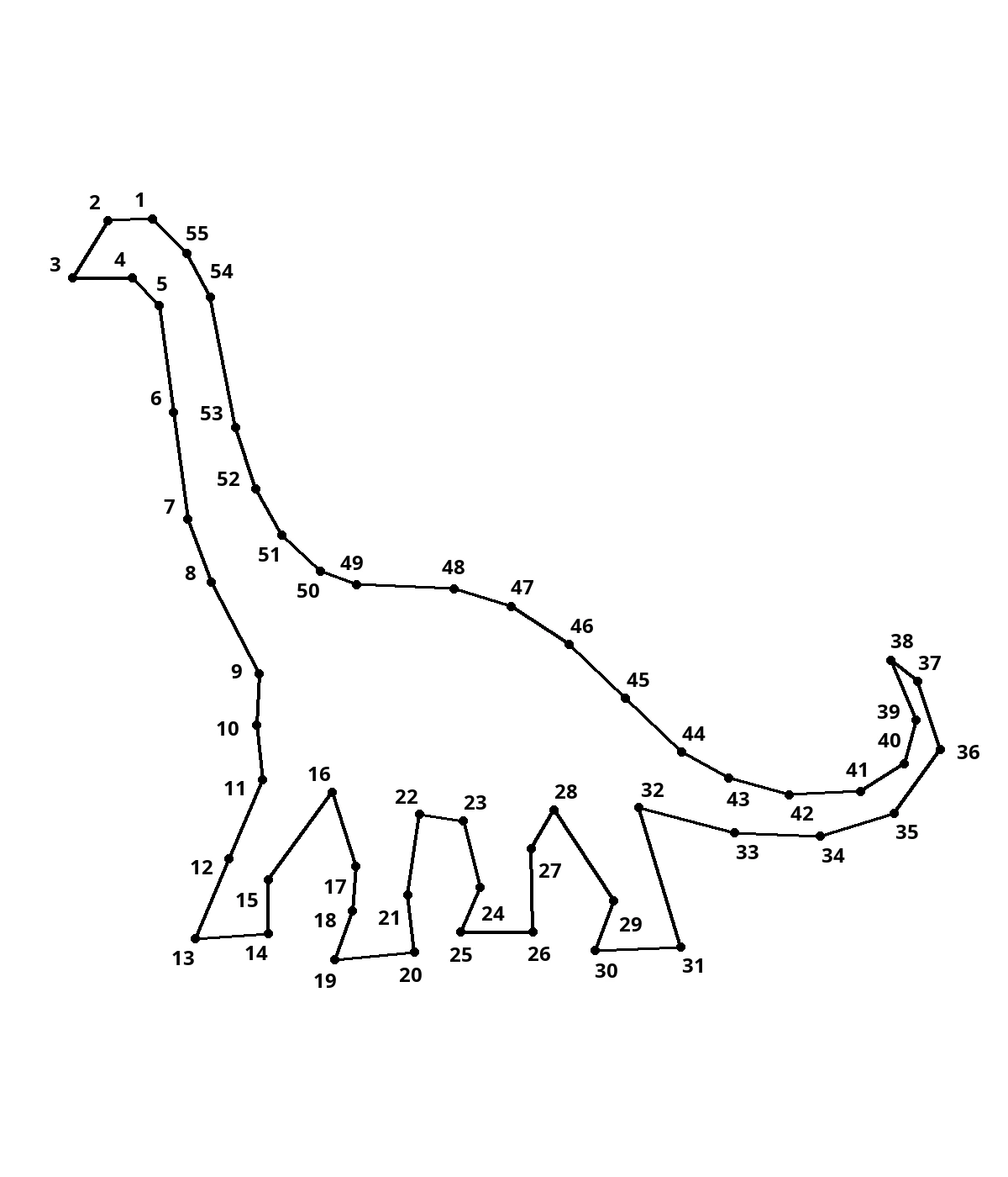 Walking diplodocus — 55 dots, answer