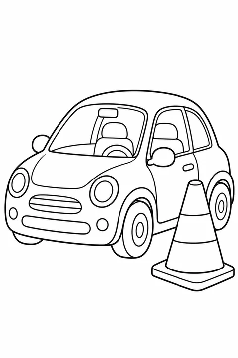One compact car parked beside one large traffic cone