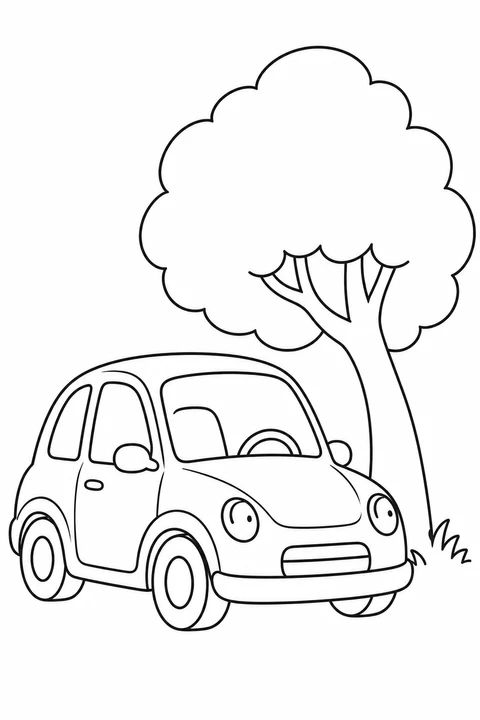 One small car parked beside one rounded tree
