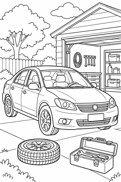 One car beside an open garage with a tire and toolbox