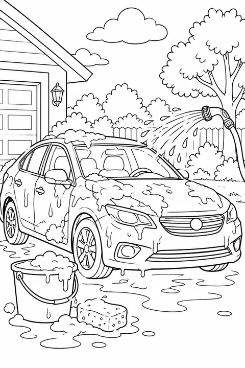 One car beside a bucket, sponge and gentle hose spray