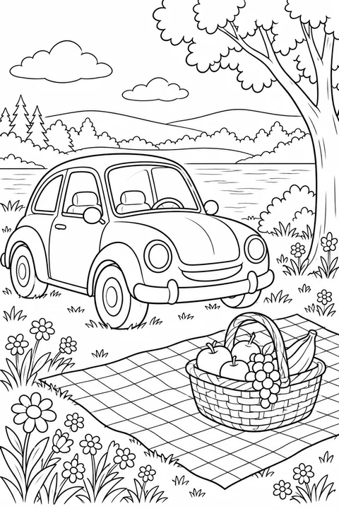 One car beside picnic blanket, fruit basket and meadow flowers