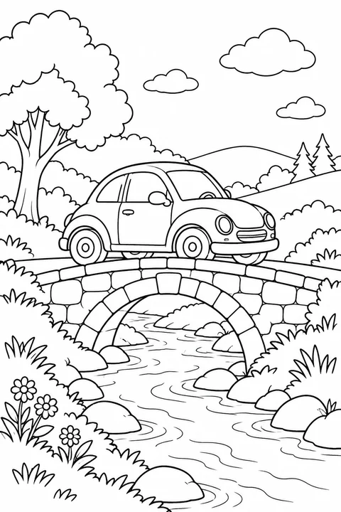 One car crossing a short arched bridge over a stream