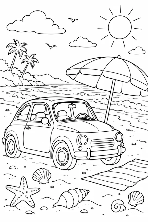 One parked car beside a beach umbrella, shells and sea waves
