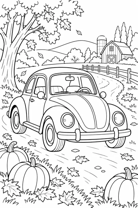 One car on a country road with pumpkins and fallen leaves