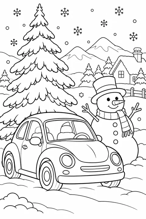 One car parked beside snowman, fir tree and gentle snowflakes