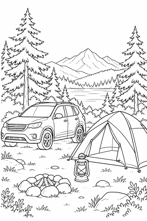 One car beside a tent, lantern and trees