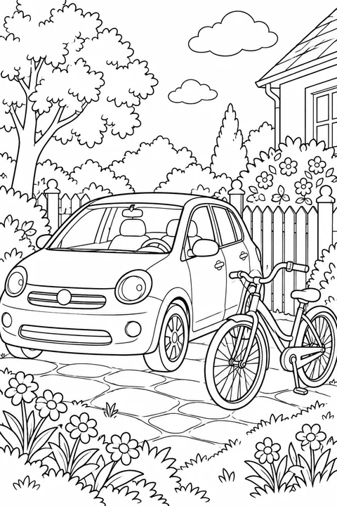 One parked car beside a bicycle near a garden fence