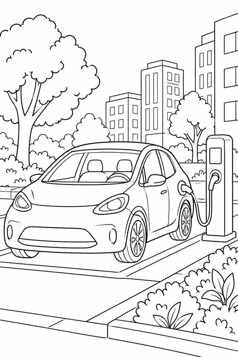 One car connected to a simple charging post, no text or icons, small urban plants