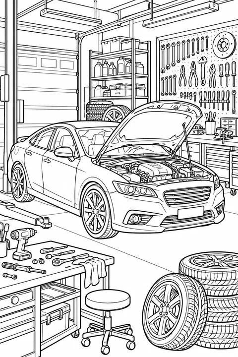 One car in a detailed repair garage with tool wall, shelves, spare wheels and workbench, no lettering