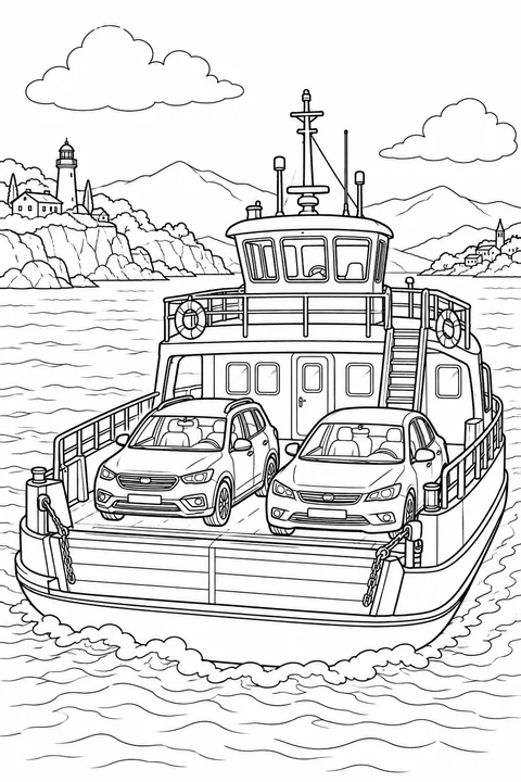 Two cars on a detailed small ferry with railings, cabin and distant coast