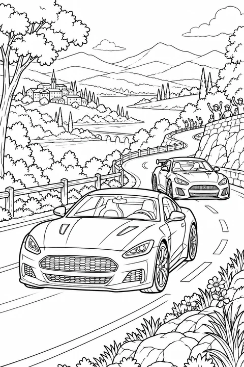 Two generic cars on a detailed winding countryside road with hills, trees and spectators kept distant, no numbers