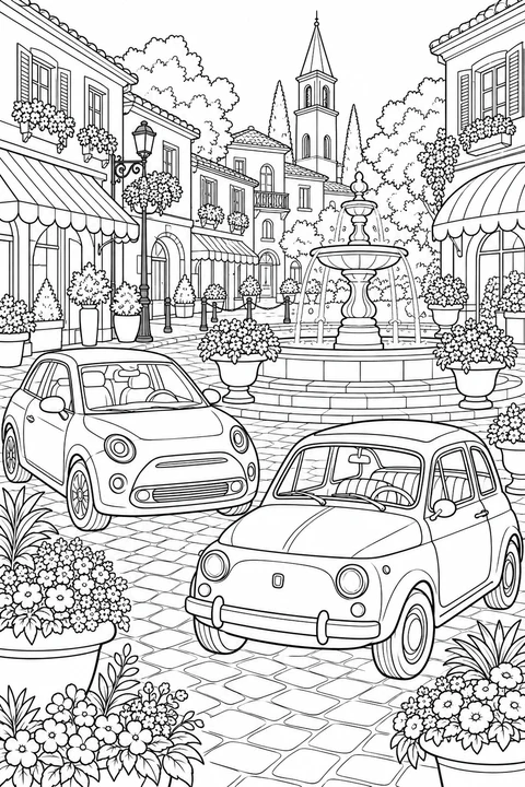 Two parked cars in a detailed small town square with shop awnings, planters and fountain, no signs or writing
