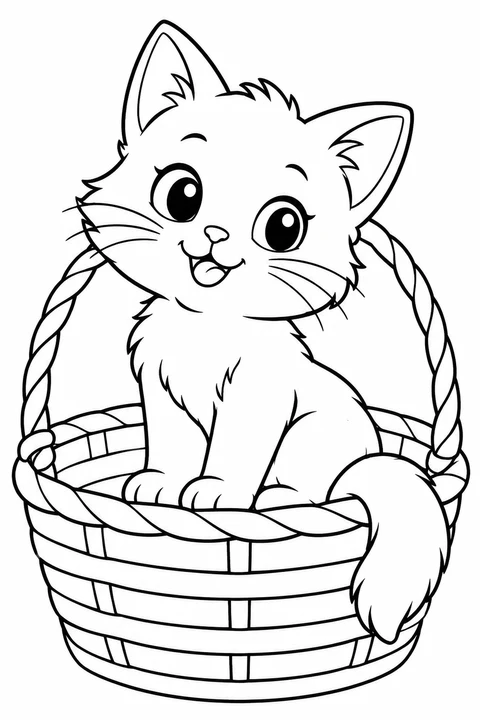 A kitten inside a basket with its tail over the edge
