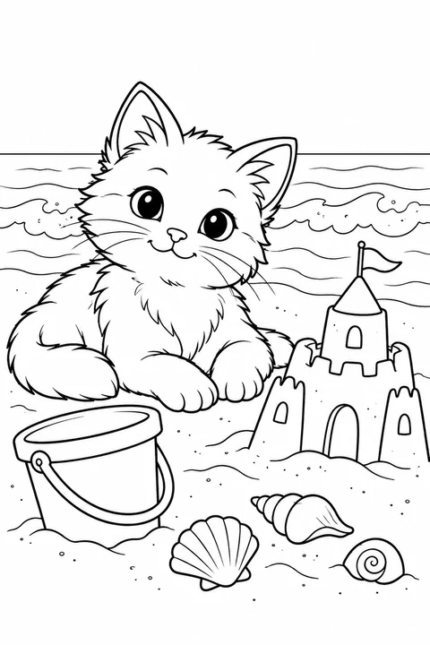 A cat beside a sandcastle, bucket and seashells