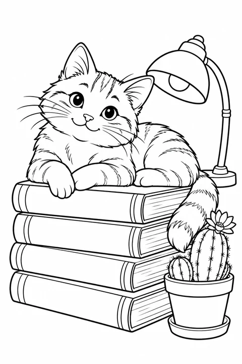 A cat resting on books beside a lamp and cactus