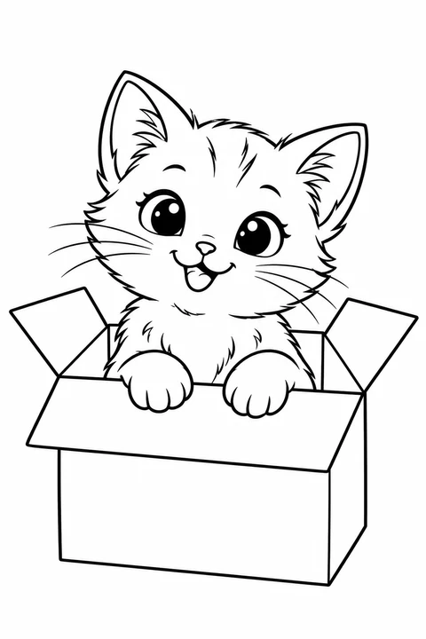 A kitten peeking out of an open cardboard box