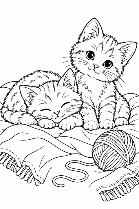 Two kittens resting together on a blanket beside yarn