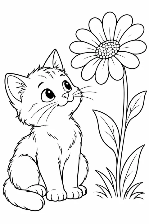 A seated kitten looking at a large daisy