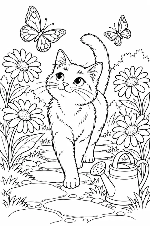 A cat walking among daisies, butterflies and a watering can