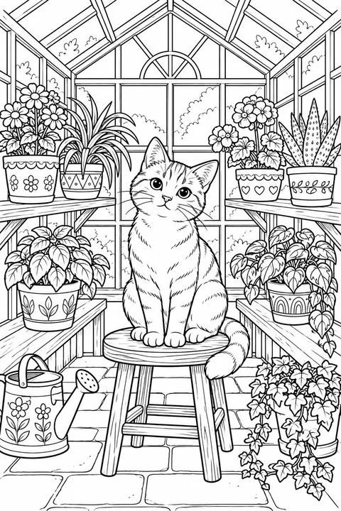 A cat on a stool in a greenhouse filled with potted plants