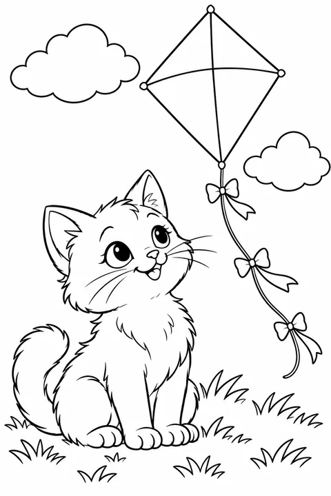 A kitten beneath a diamond kite with ribbon bows