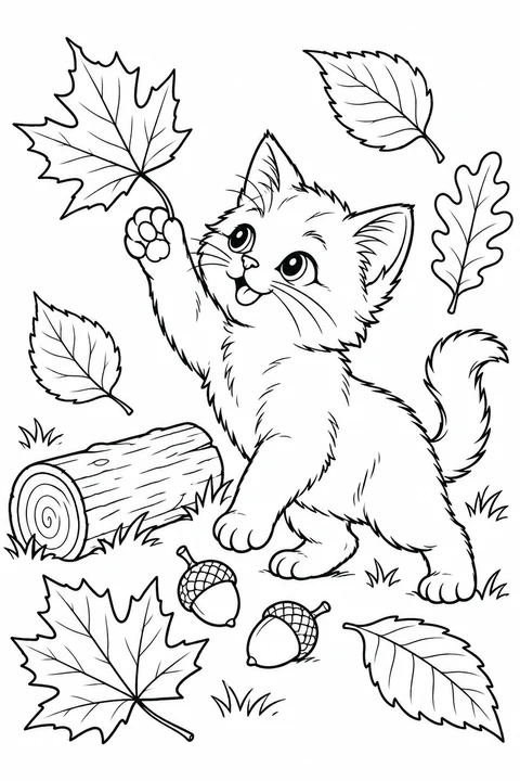 A kitten batting a leaf among autumn leaves and acorns