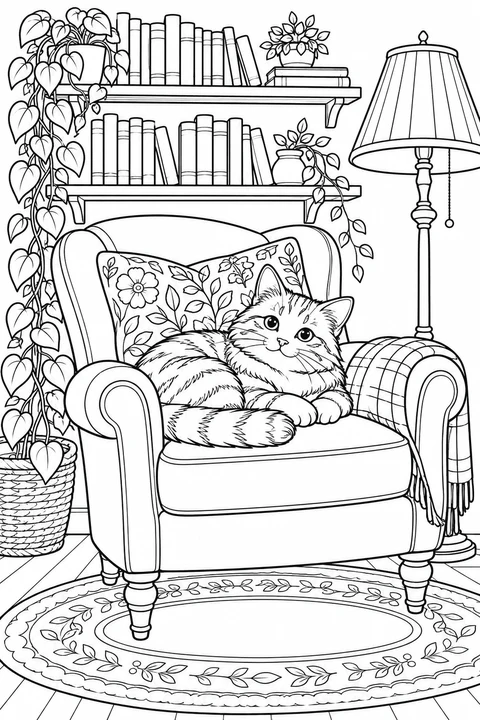 A cat curled in an armchair beside bookshelves and a lamp