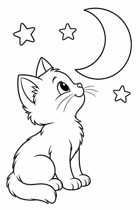 A kitten looking up at a crescent moon and stars