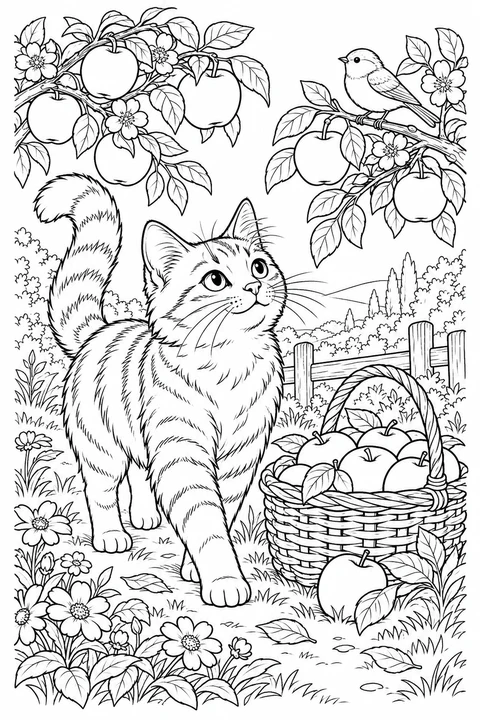 A cat beside an apple basket beneath fruit tree branches