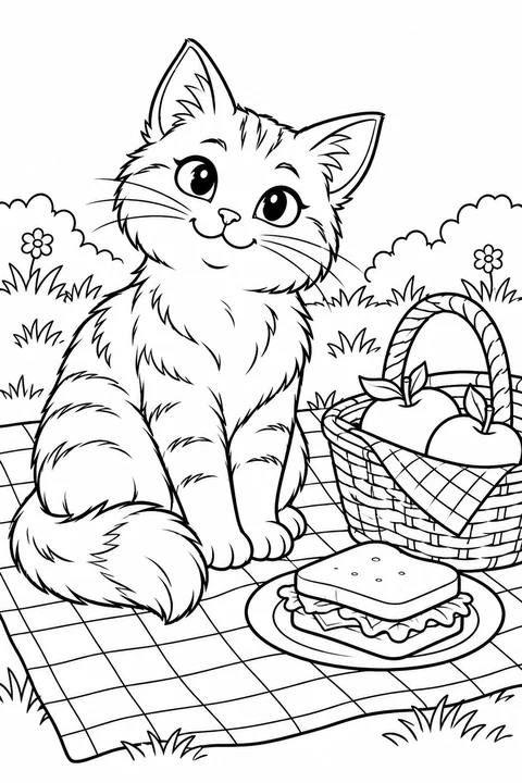 A cat on a checked picnic blanket beside a basket and plate