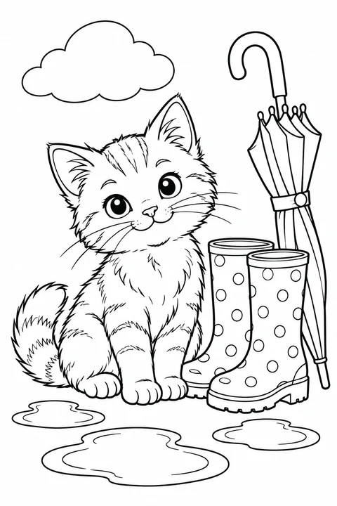 A kitten beside rain boots, an umbrella and puddles