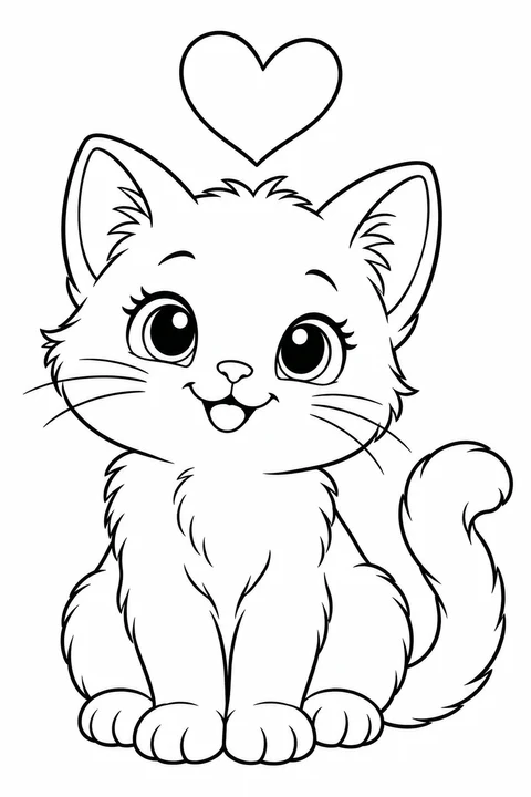 A seated kitten with a curled tail beneath an outlined heart