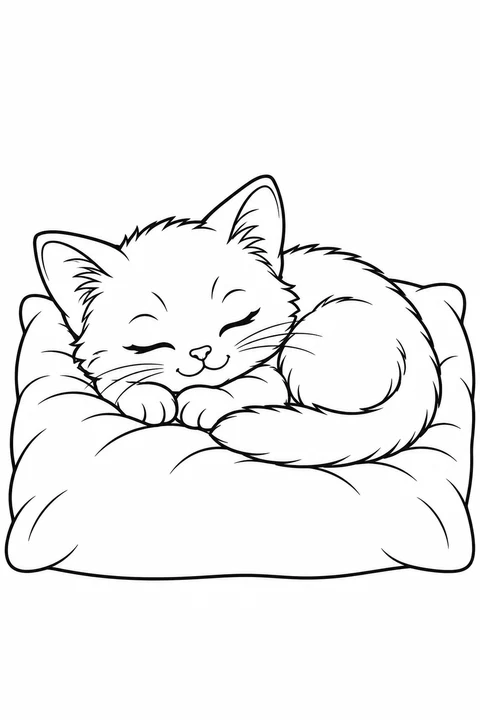 A kitten curled up asleep on a large cushion