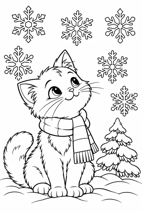 A cat in a scarf watching snowflakes beside a snowy tree