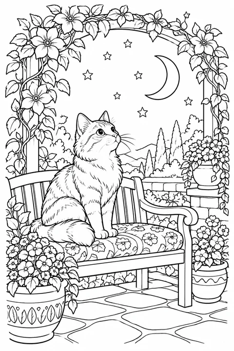 A cat on a garden bench beneath a flower arch and night sky