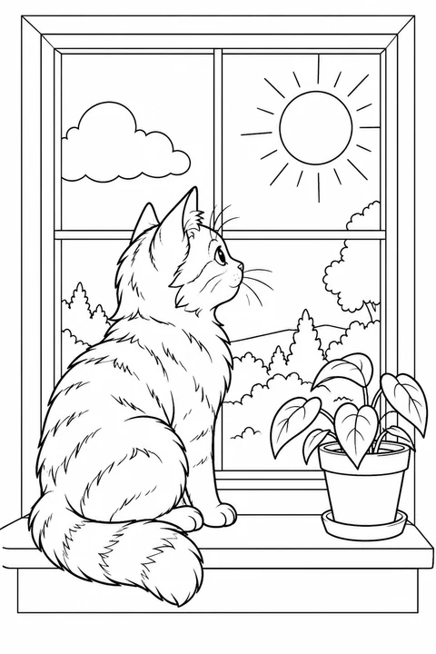 A cat on a windowsill beside a plant, with sunshine outside