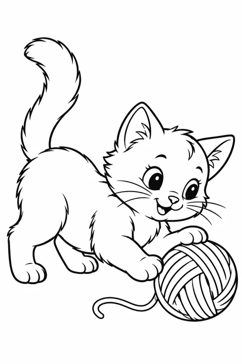 A kitten crouching beside a ball of yarn