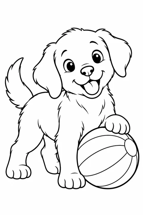 A puppy with one front paw beside a large striped ball