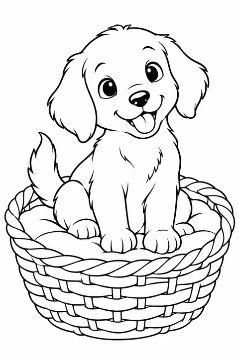 A small puppy sitting in a broad woven basket