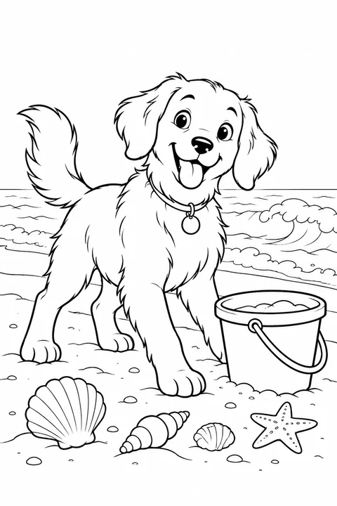 A playful dog beside a bucket, shells and gentle sea waves