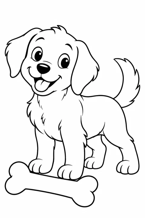 A standing puppy beside a large toy bone